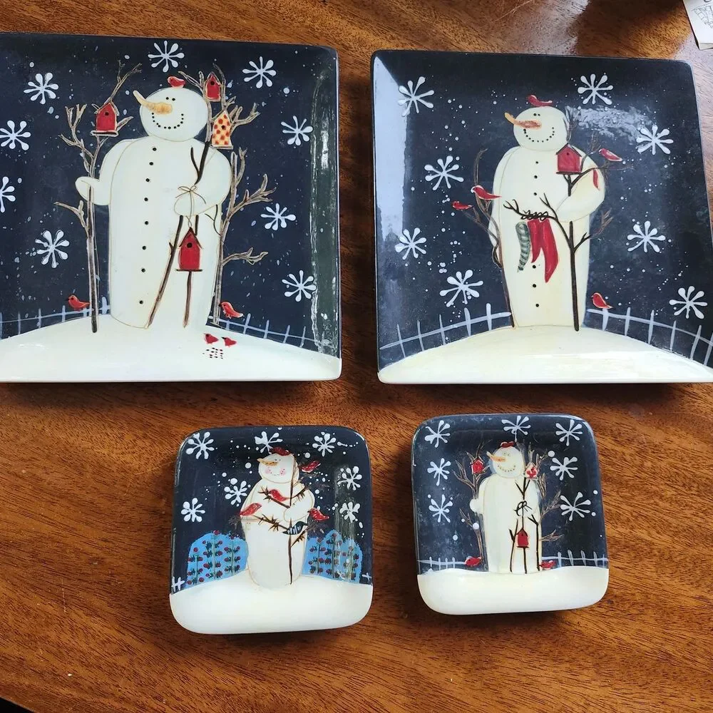 Twilight Snowman Mary Beth Baxter Holiday 4 Plates  2 Dinner & 2 Appetizers
